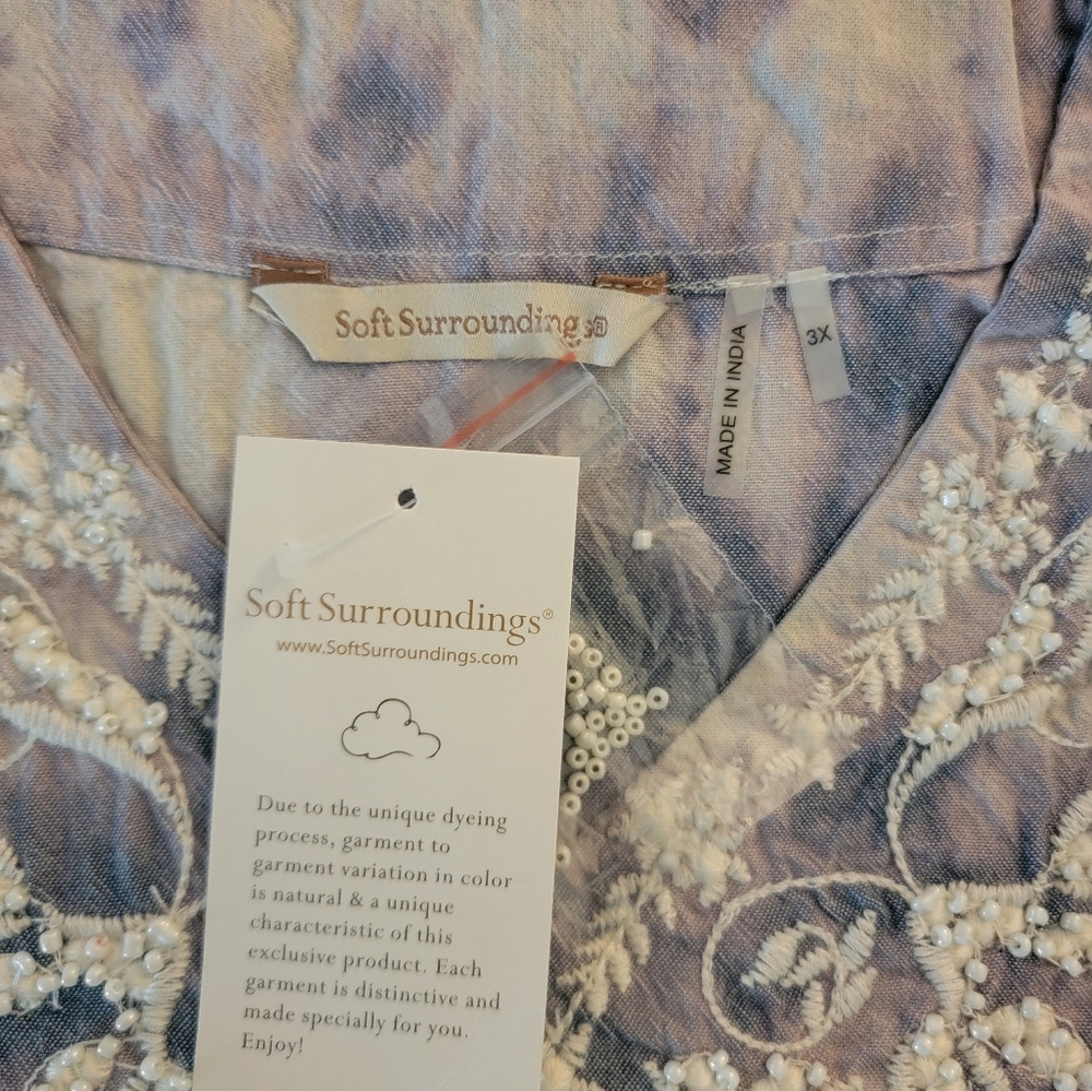 Soft Surroundings Tacoma Top Tunic 3X Sky Blue Embroidered Neckline and Sleeves - Picture 6 of 8